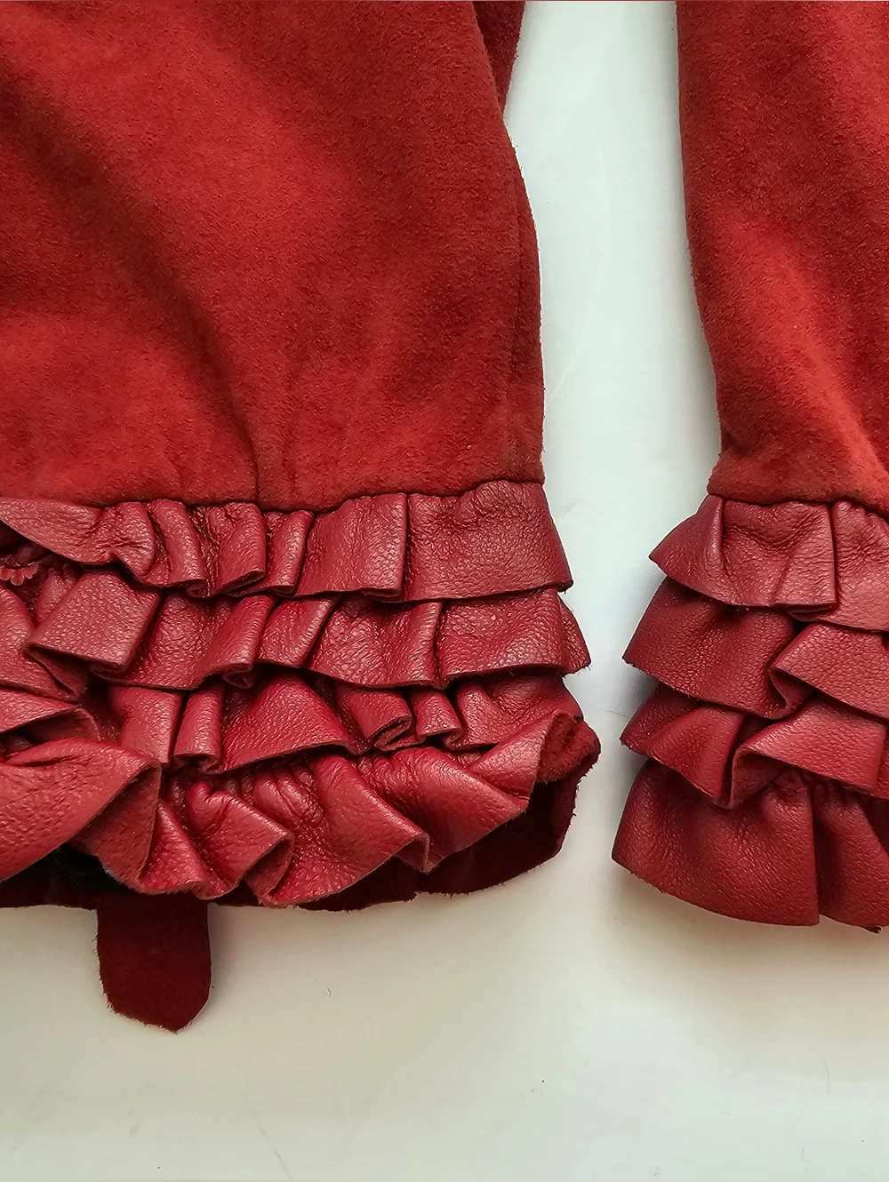 Renees NYC Crimson Red Suede Gloves Leather Ruffle Cuff Size L